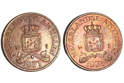 Lote de 2 monedas de bronce de 2 1/2 centavos de las Antillas Neerlandesas 1971 UNC #134 “JG Coins” Foto 1 de 4