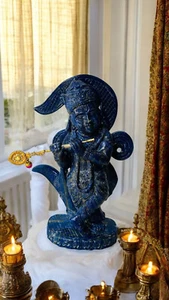 Estatua de piedras preciosas de lapislázuli de 8" del Señor Krishna hecha a mano Pooja decoración de habitación y sala de estar - Imagen 1 de 6
