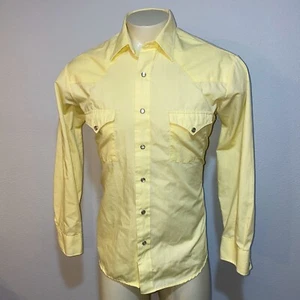 Vtg 1970s Round Up Shirt Pearl Snap Western Cowboy Rockabilly Yellow Mens Large - Picture 1 of 9