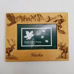 Laser Carved Alaska Picture Maple Frame w/ Eagle Mountains Elk Bear Moose 4x6 - Picture 1 of 8