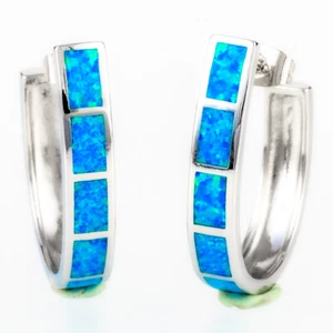 Large Semicircle Ocean Blue Fire Opal Silver Jewelry Hoop Earrings - Picture 1 of 6