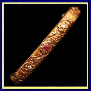 Antique Art Nouveau bangle bracelet 14k gold ruby diamonds flowers American(7568 - Picture 1 of 11