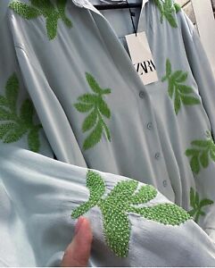 BNWT Zara green Silk Embroidered Leaf Print Shirt & Trousers Co Ord Set Size M