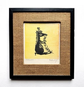 Adorable Helen Siegl Abstract Animal Yellow Woodblock Print, Vintage MCM 1950s - Picture 1 of 9