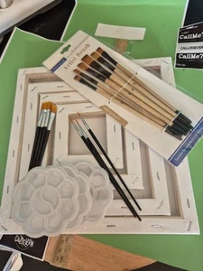 Komplettes Künstler-Set: 4 Leinwände (20x20–30x30 cm), 8 Pinsel, 3 Paletten –... - Bild 1 von 7