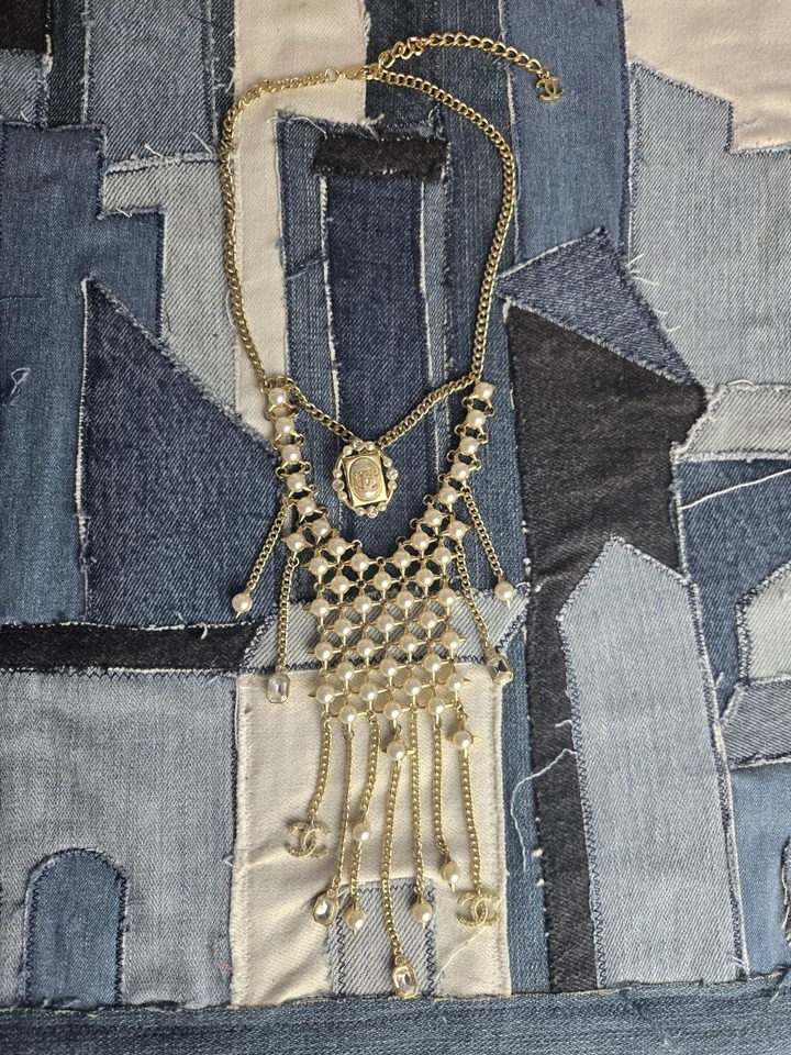 Gold Pearl Designer Necklace With Dripping Charms - Image 1 of 4