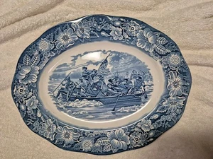 Staffordshire LIBERTY BLUE Vtg Ironstone 14" OVAL PLATTER Washington's Crossing - Picture 1 of 5