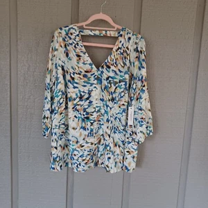 Liverpool 3/4 Sleeve Double V Neck Top Plus Size 2X Brushstroke Starburst Print - Picture 1 of 11