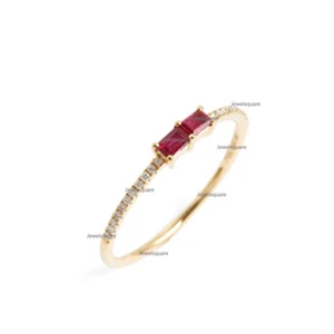 Baguette Ruby Gemstone Wedding Ring Diamond Pave Solid 14k Yellow Gold Jewelry - Picture 1 of 2