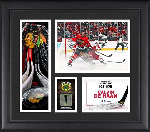 Calvin de Haan Blackhawks FRMD 15" x 17" Player Collage with a Piece of GU Puck Cover