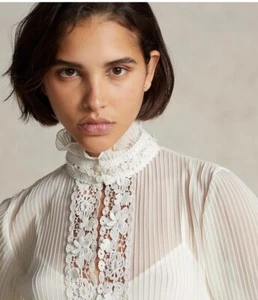 POLO RALPH LAUREN $398 Women’s Blouse Lace Trim Pintucked Ruffle Pleated Size 8 - Picture 1 of 9