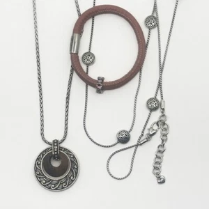 BRIGHTON Jewelry Lot 3 Piece Set Pink Bracelet Wood & Long Silver Necklaces - Picture 1 of 9
