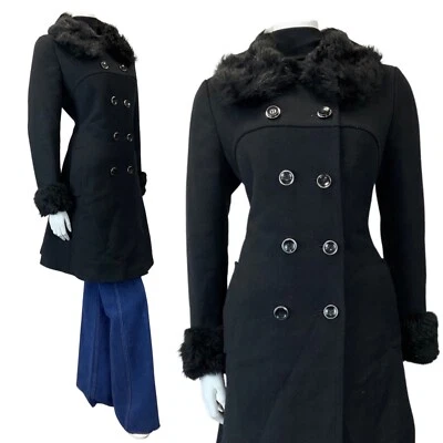 VINTAGE 60s 70s JET BLACK FAUX FUR DOUBLE BREASTED WOOL PRINCESS COAT 12 - Image 1 of 4