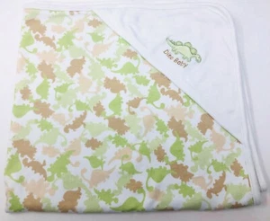 White Baby Blanket Green Brown Tan Dinosaurs Dino Baby Cotton Hood RN 75343 - Picture 1 of 6