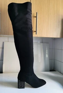 LOST INK UK 4 37 WOMENS BLACK FAUX SUEDE OVER THE KNEE HIGH LOW HEELS BOOTS NEW - Zdjęcie 1 z 14