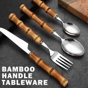 4Pcs Tableware Fork Knife Spoon Steak Cutlery Steel Flatware With Bamboo Handle - Picture 1 of 11