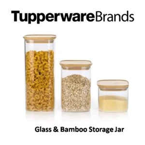 New Tupperware Set of 3 Glass Canisters Jars with Bamboo Lids 1.9L, 1.1L, 550ml - Foto 1 di 3