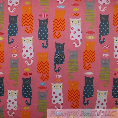 BonEful Fabric FQ Cotton Quilt Pink Orange Gray Kitty Cat White Dot Stripe Print - Image 1 of 4