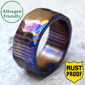 Anillo de Compromiso Hecho a Mano Timascus Timascus Timascus Plano Martillado Personalizado Banda para Hombre - Imagen 1 de 10