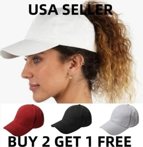 PONYTAIL HAT MESSY HIGH BUN DAD HAT BASEBALL CAP ADJUSTABLE SOLID COTTON - Picture 1 of 13