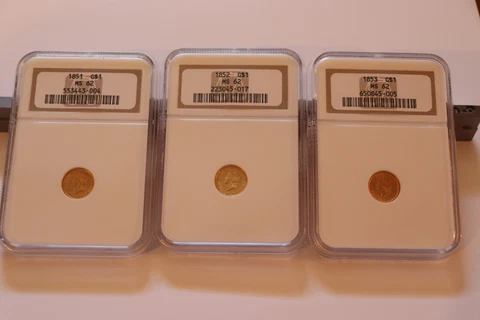 1851, 1852, 1853 G$1 Liberty Head Type 1 Gold Coins, NGC MS62 Cover