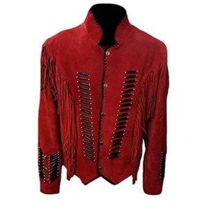 Women Red Suede Leather Western Style Jacket Fringed & Beaded - American Style - Picture 1 of 4