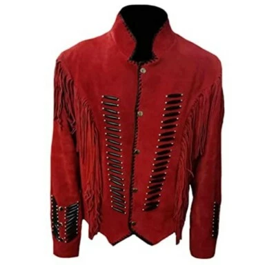 Women Red Suede Leather Western Style Jacket Fringed & Beaded - American Style - Image 1 of 4