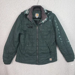Carhartt Amoret Flannel Lined Puffer Jacket Womens M 8/10 Green Zip Hooded Cozy - Picture 1 of 15