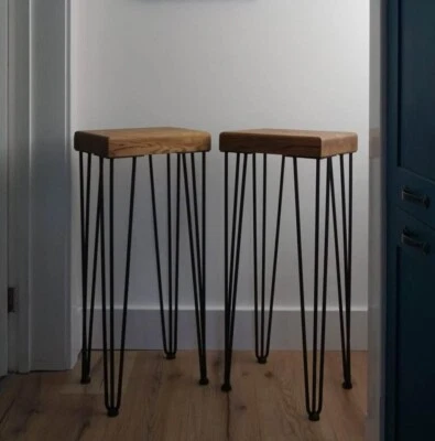 Pair of minimalist oak stools with hairpin legs - Image 1 of 3