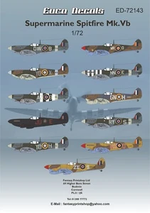 EURO DECALS ED-72143 SUPERMARINE SPITFIRE Mk Vb WATER SLIDE TRANSFERS 1/72 SCALE - Picture 1 of 13