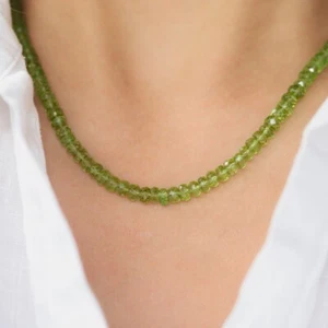 Natural Green Peridot Faceted Rondelle 3-5MM Gemstone Beads 18" Women Necklace - Picture 1 of 12