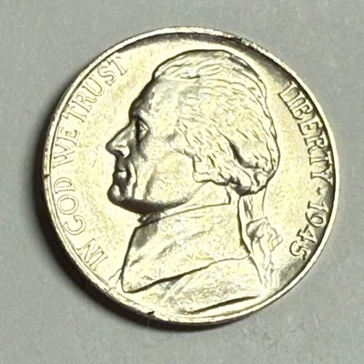 1945-P Jefferson 35% SILVER WAR-TIME NICKEL. Satin white choice BU. #q1 - Image 1 of 2