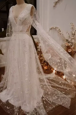 Vestido de novia con correa de espagueti estrella brillo cintura recortada cuello en V vestidos de novia Foto 1 de 4