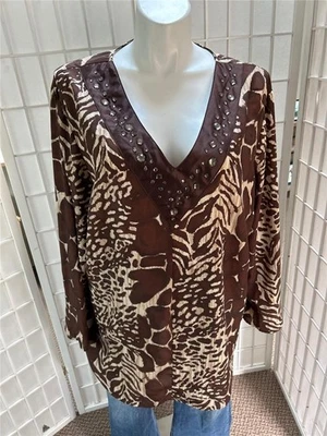 Women's Unbranded 3X Brown Animal Print Rhinestone Pullover Drape Blouse - Image 1 of 4
