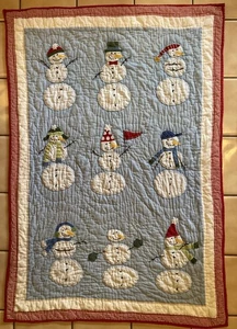 Pottery Barn Kids Snowman Quilt BLUE & RED GINGHAM Toddler Crib 52”x36" VTG RARE - Picture 1 of 12