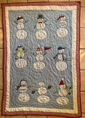 Pottery Barn Kids Snowman Quilt BLUE & RED GINGHAM Toddler Crib 52”x36" VTG RARE - Image 1 of 4