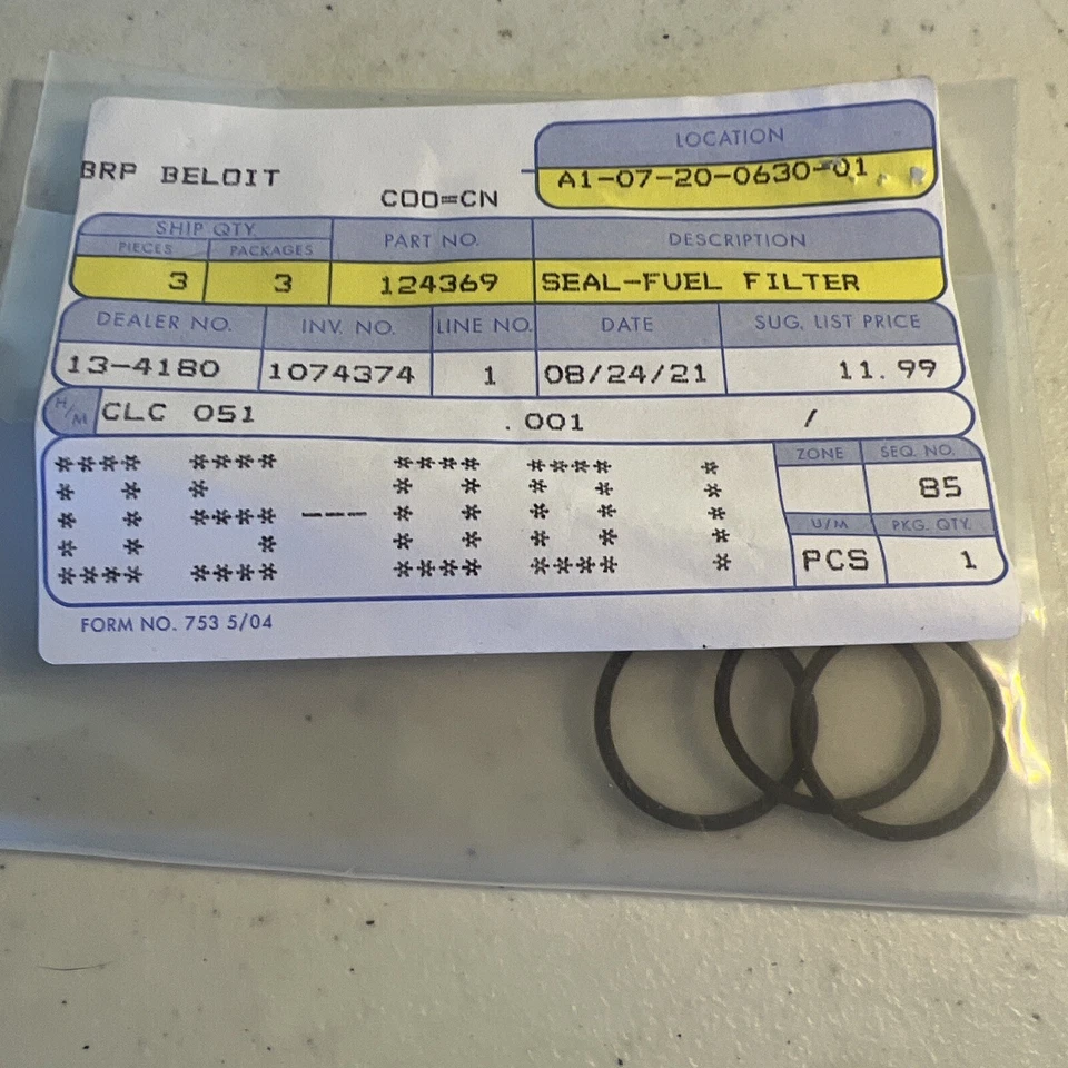 NEW OEM BRP 124369 Fuel Filter Seal, Package of 3 - Image 1 of 1