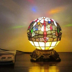 Tiffany Style Dark Bronze Round Dragonfly Stained Glass Accent Table Lamp 10In - Picture 1 of 6