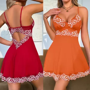 Women Sexy Lingerie Sets V Neck Lace Babydoll Sleepwear Mini Dress Nightdress US - Picture 1 of 33