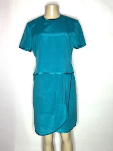VINTAGE SHOMI TURQUOISE 100% SILK SHORT SLEEVE DRESS SIZE 8P - Picture 1 of 3