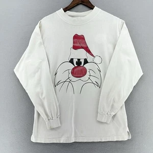 1991 EE. UU. Looney Tunes Sylvester Santa Sombrero Blanco Manga Larga Camisa Talla M Navidad - Imagen 1 de 9