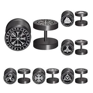 Unisex Stainless Steel Norse Viking Runes Barbell Black Stud Earrings Gift UK - Picture 1 of 21