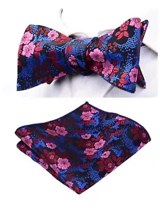Mens Wedding Bowtie Floral Silk Self Tie Bow Tie & Pocket Square Set 0564-02 - Picture 1 of 3