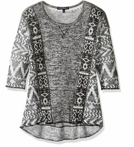 My Michelle Girls' Big High Low Sweater Top w/ Geometric Stripes, Black/Ivory, S - Picture 1 of 2