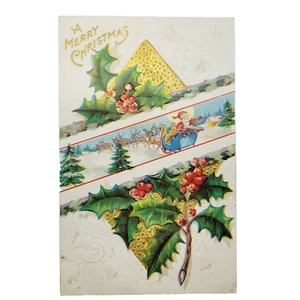 Un Buon Natale Babbo Natale Renna Agrifoglio e Bacche 1911 Cartolina F Annulla Francobollo - Foto 1 di 6
