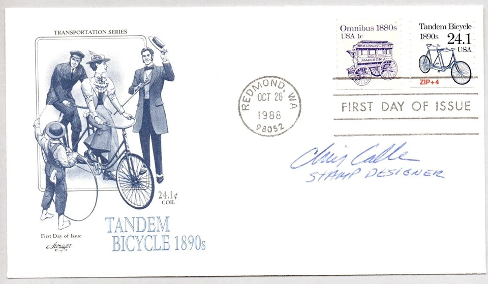#2266 TANDEM BICYCLE TRANSPORTATION SERIES STAMP DESIGNER CHRIS CALLE SIGNED FDC - Image 1 of 1
