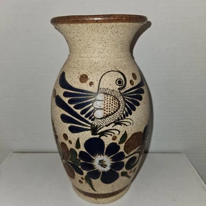 Mexican Pottery Vase Bird Floral Stoneware Speckled Tan Blue Brown MEX Mark - Picture 1 of 7