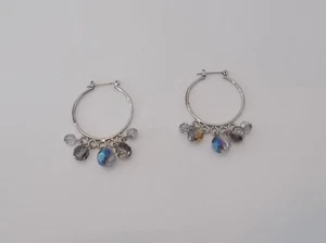 Beaded Silver Clear Beads Hoop/Dangle Earrings - Picture 1 of 8