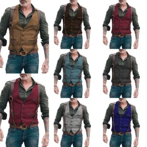 Mens Herringbone Vests Cowboy Hunting Retro Tweed Vintage Waistcoat For Wedding - Picture 1 of 23
