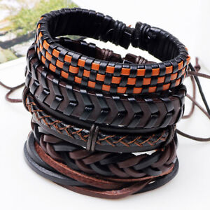 Men's & Women's 5 Pcs Set Punk Rock Braided Black & Brown Leather Wrap Bracelet